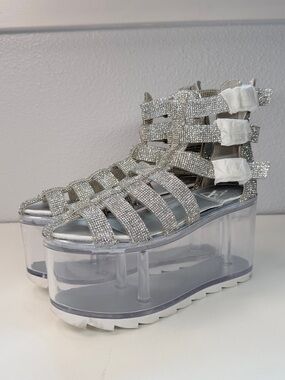 Rhinestone Sparkle Platform Sandals Clear Fillable bottom Shoes Size 9 Fun
